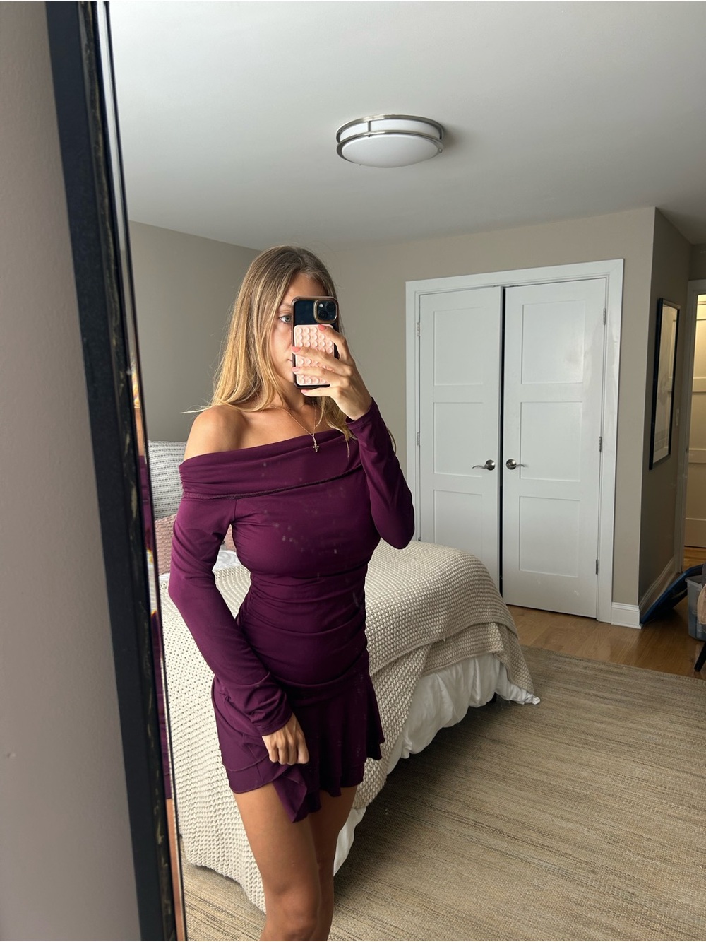 Bershka burgundy off-shoulder ruched mini, M